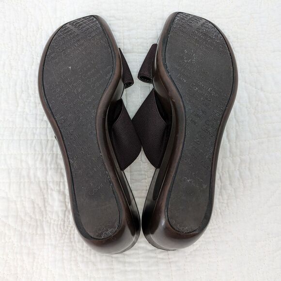 Vintage 1990s y2k Calvin Klein Leather Sandals Brown Logo Wedge Size 7 - Picture 10 of 12